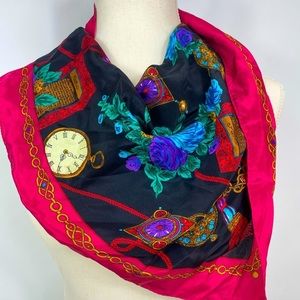 Vintage J.G.HOOK SILK Square Scarf 31”Red Colorful Floral W Chains…